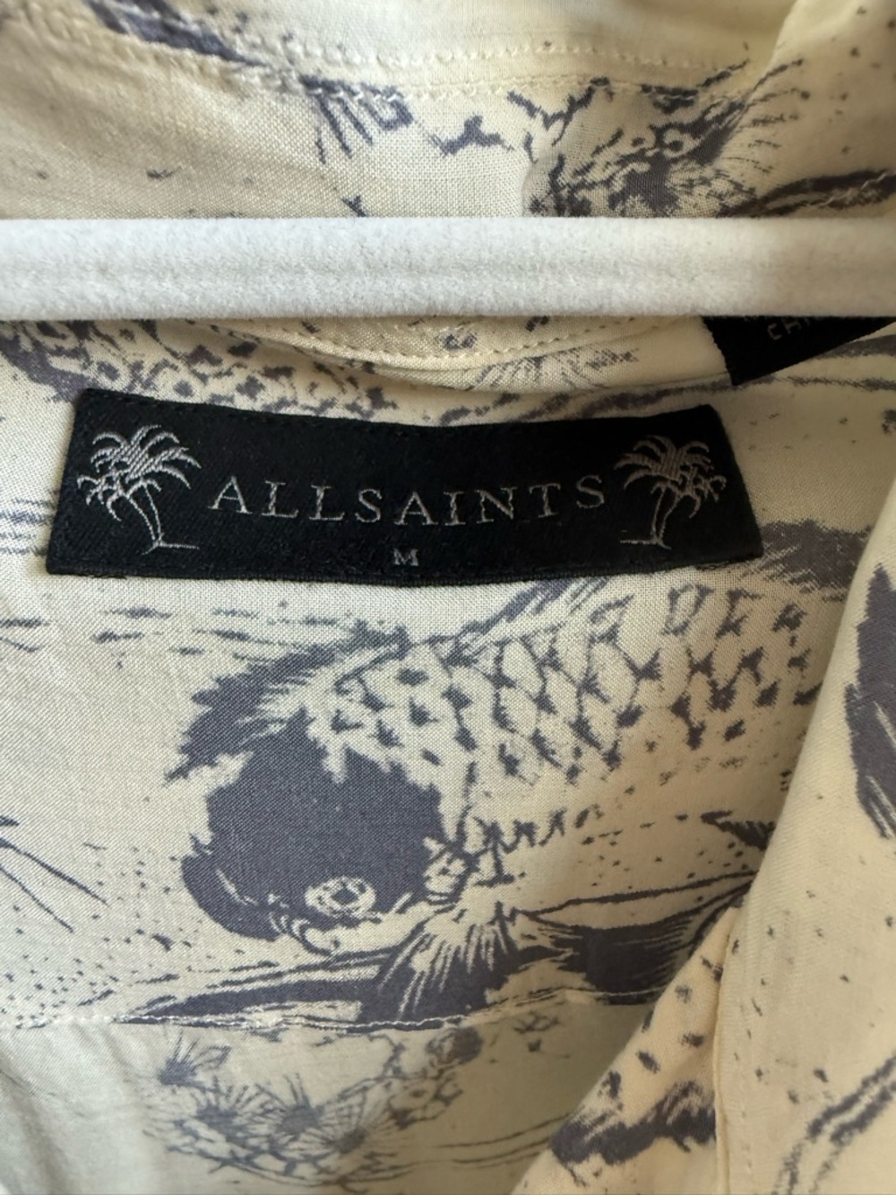 All Saints Cream and Blue Short Sleeve Printed Camp Shirt men’s - Picture 3 of 3